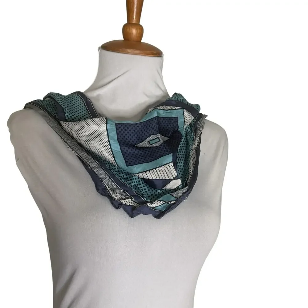 Vintage Silk Scarf Aqua Navy Geometric Polka Dot Square Neck Hair Scarf